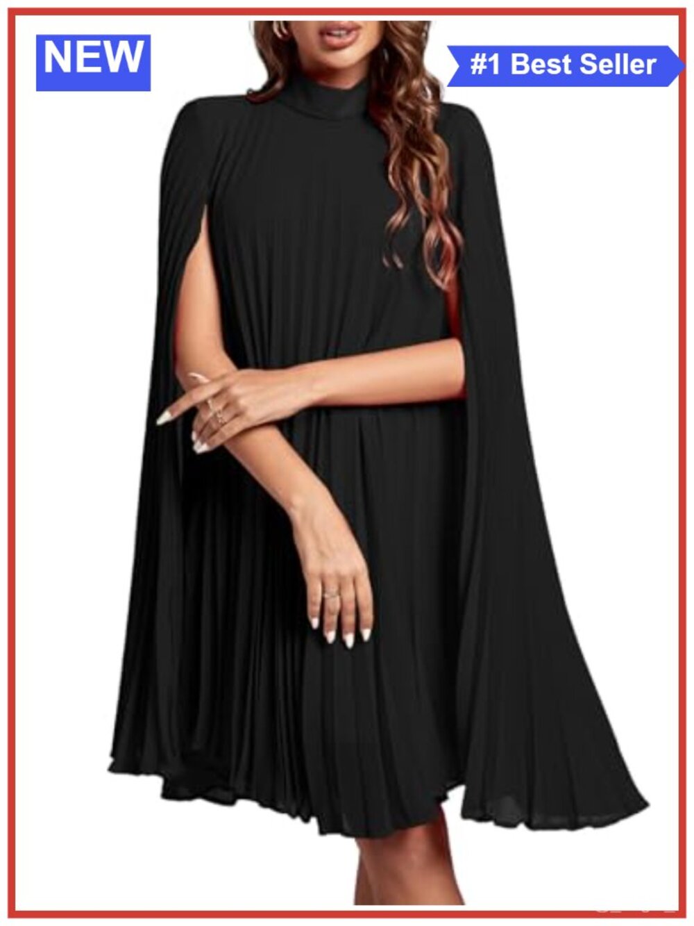 Mock Neck Pleated Midi Dress Cloak Long Sleeve Keyhole Back